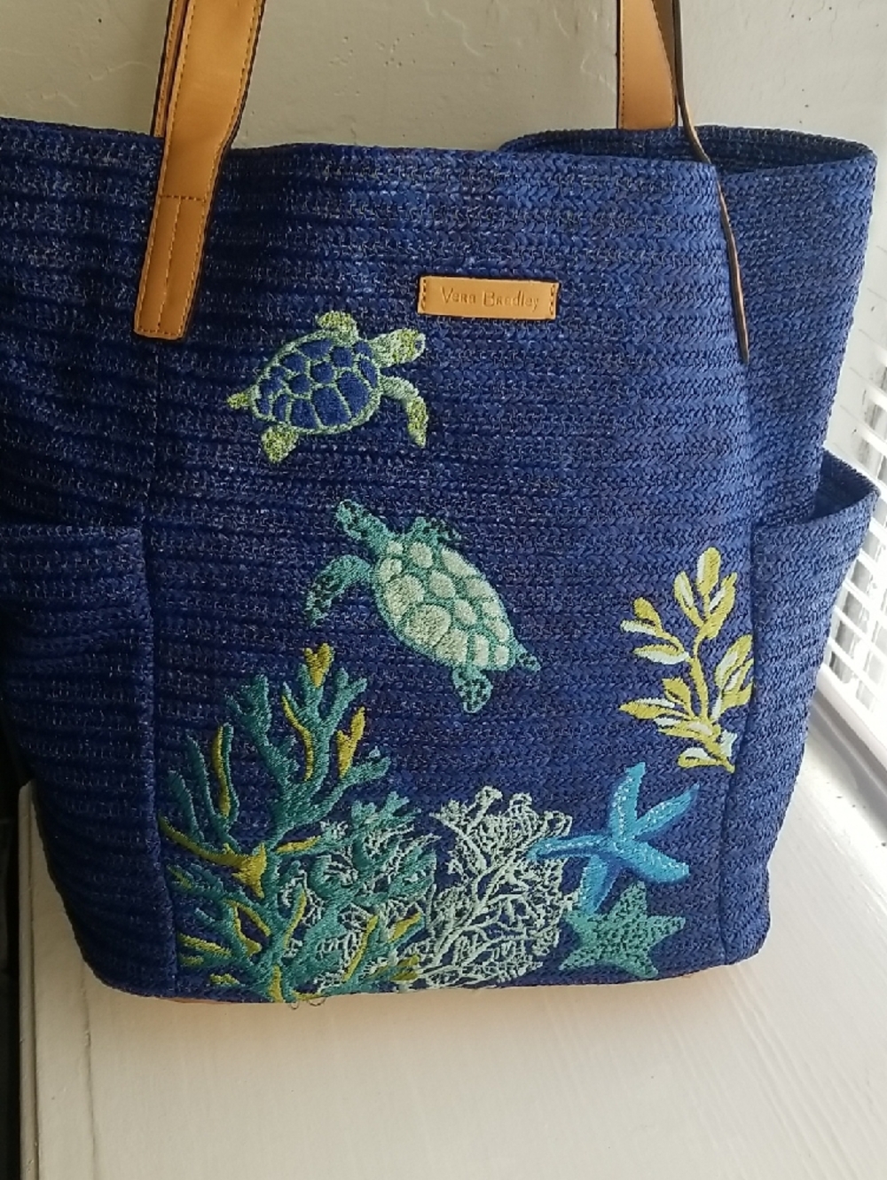 Vera Bradley Navy Blue Embroidered Sea Turtle Tote with Tan Straps - Picture 8 of 9